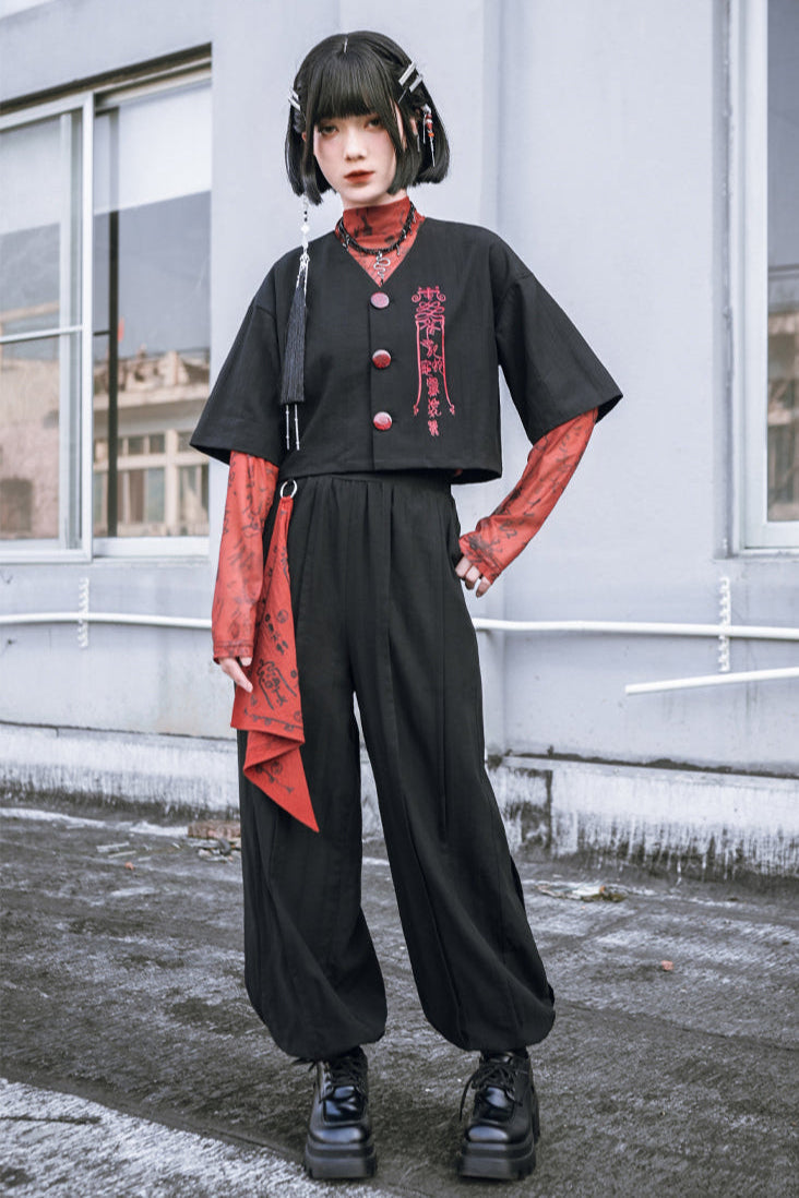 Black China Short V-Neck Top