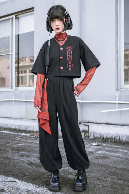 Black China Short V-Neck Top