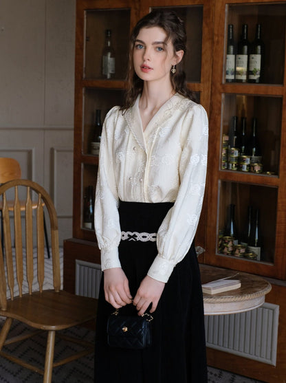 Jacquard Blumen Bluse Rock Hosenträger