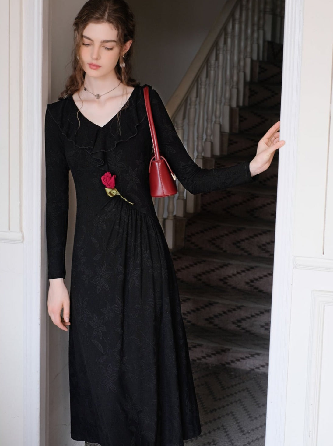 Rose Dress Chic Long Retro Dark Night
