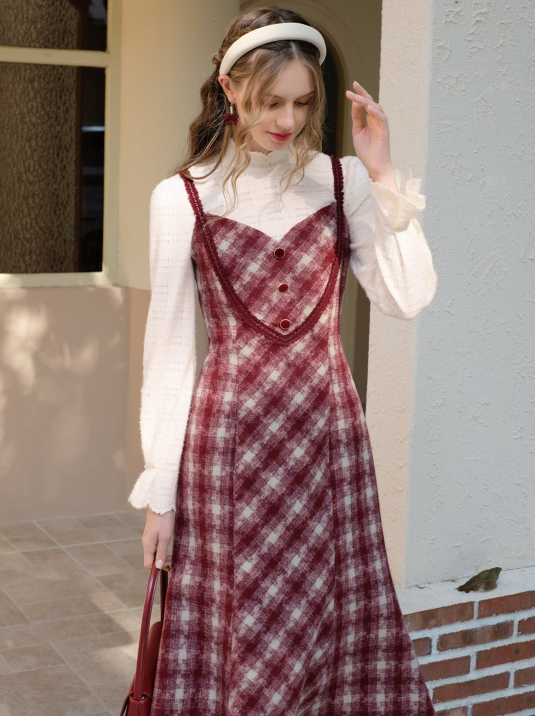 レトロな白いブラウスキャミソールドレス+ロマンティックチェックピュア