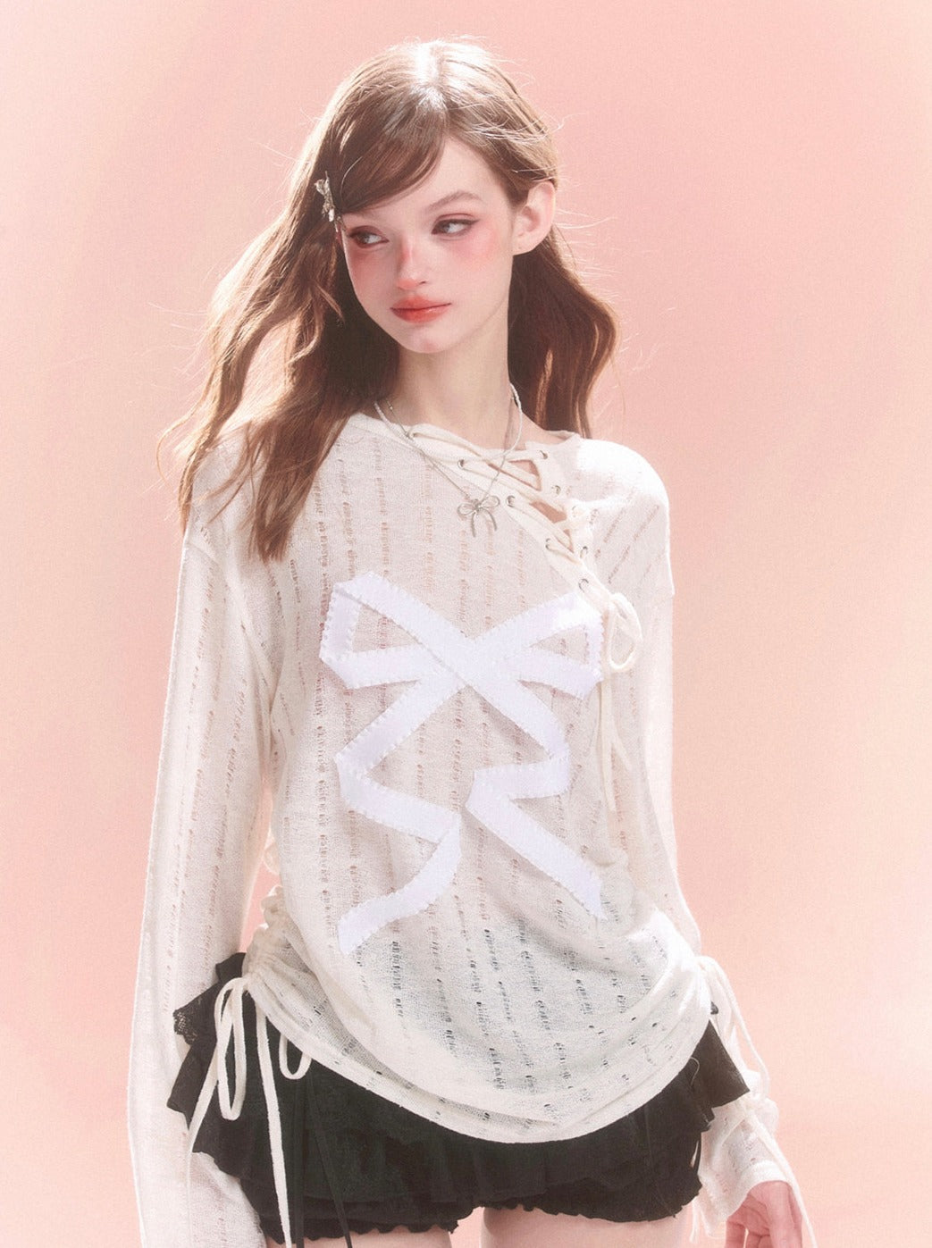 Transparentes, asymmetrisches Spitzenoberteil mit Schleife