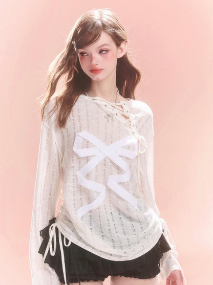 Transparentes, asymmetrisches Spitzenoberteil mit Schleife