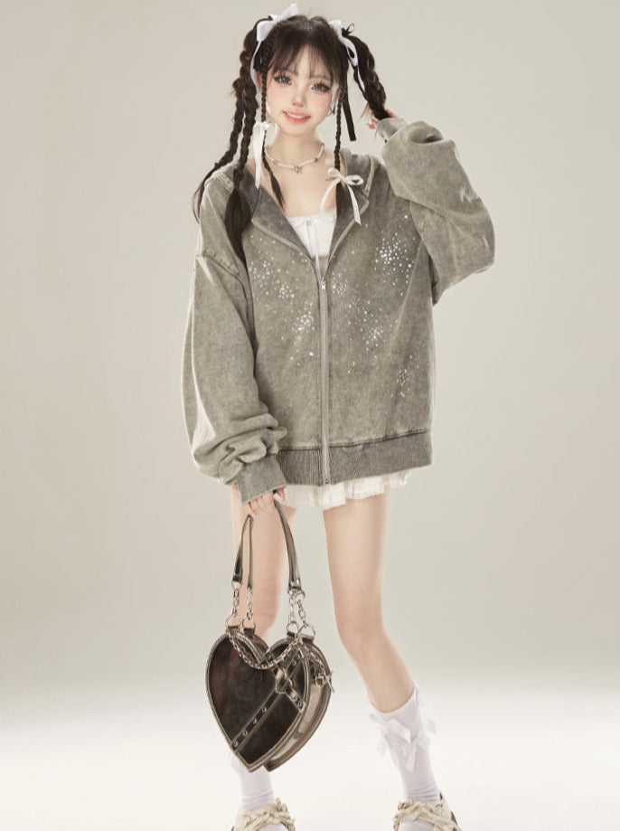 ジッパー付きフード付きダイヤモンドドゥルージーグレーパーカーライト