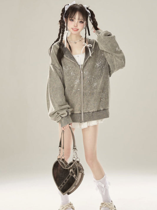 Zipper Hooded Diamond Druzy Gray Hoodie Light