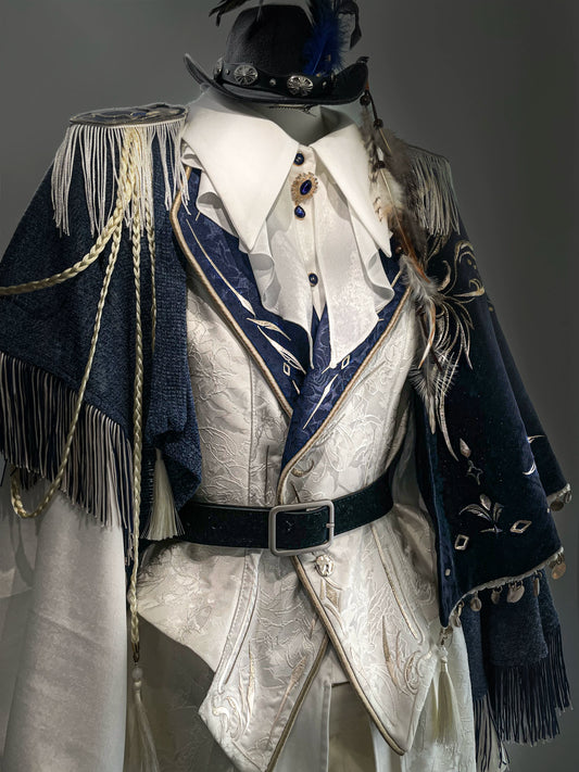 Navy Ouji vest and fringed cape with jazz hat, close-up — ZERO The Fool collection