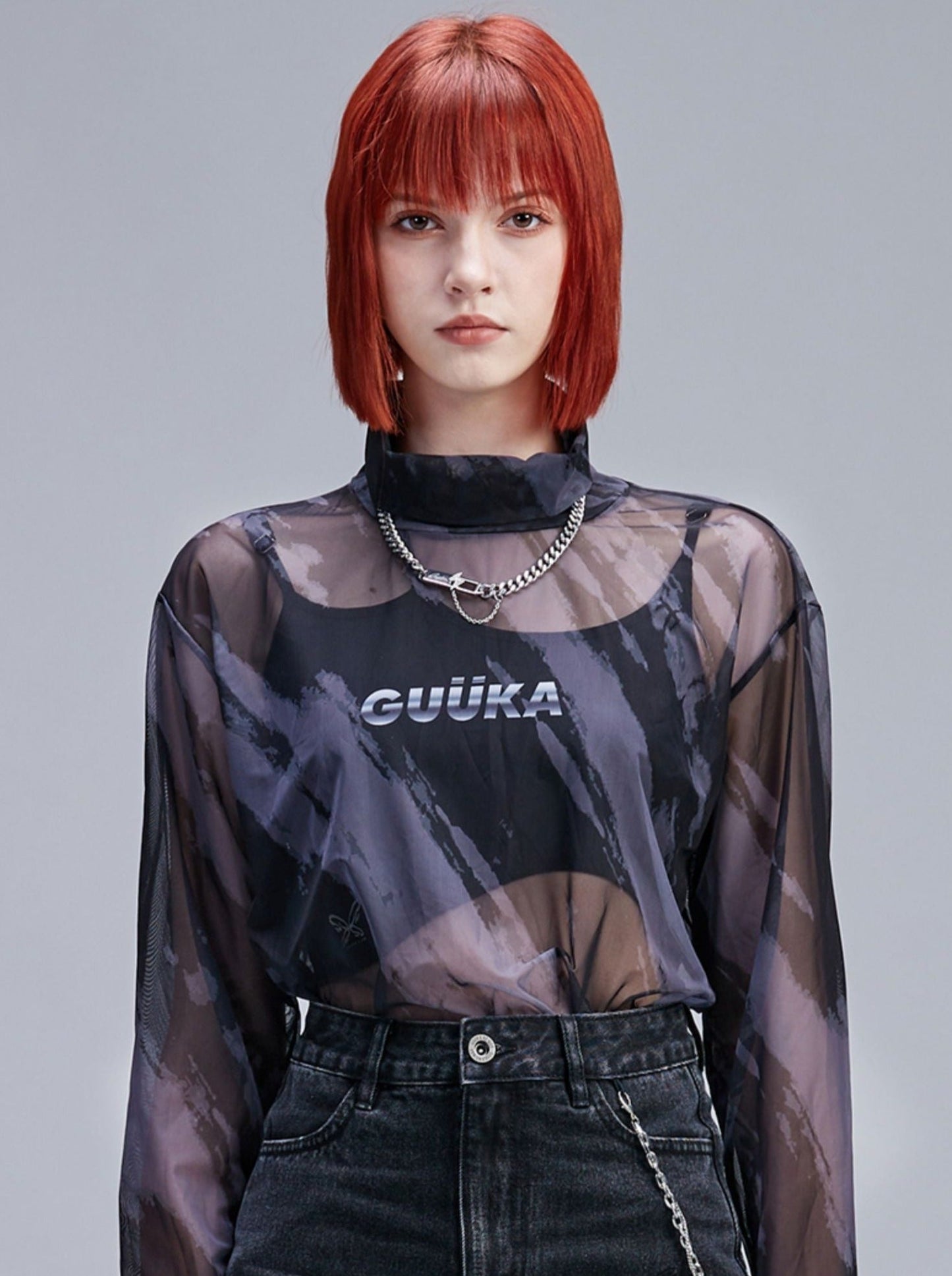 Slim Skin Mode Sheer Top Neck High Mesh