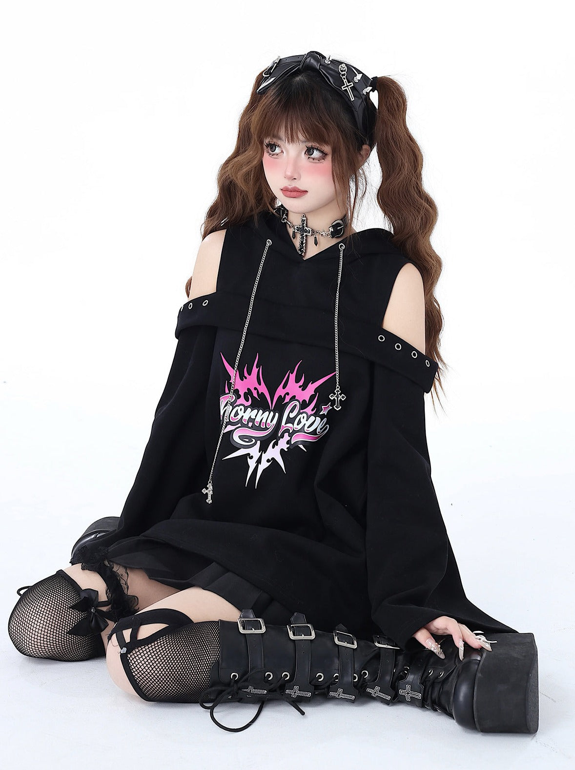 Subculture Punk Leaky Chain Spring Shoulder Original Top Dark Hooded Sweatshirt Rock