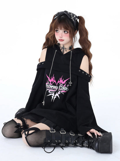 Subculture Punk Leaky Chain Spring Shoulder Original Top Dark Hooded Sweatshirt Rock