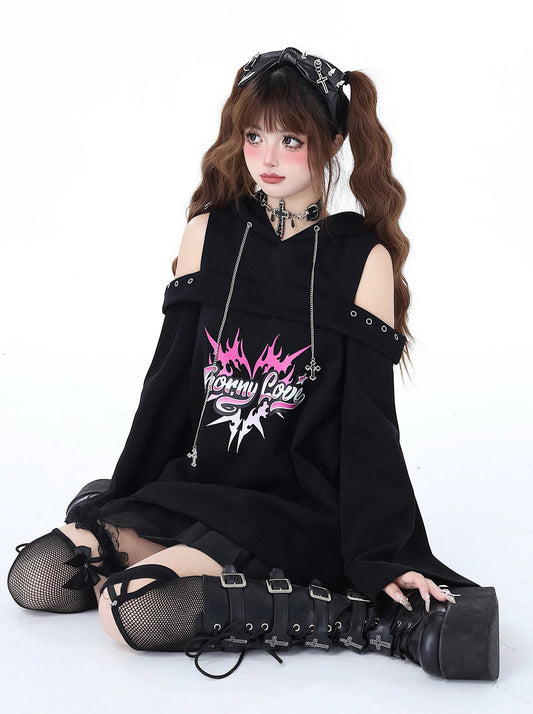 Subculture Punk Leaky Chain Spring Shoulder Original Top Dark Hooded Sweatshirt Rock