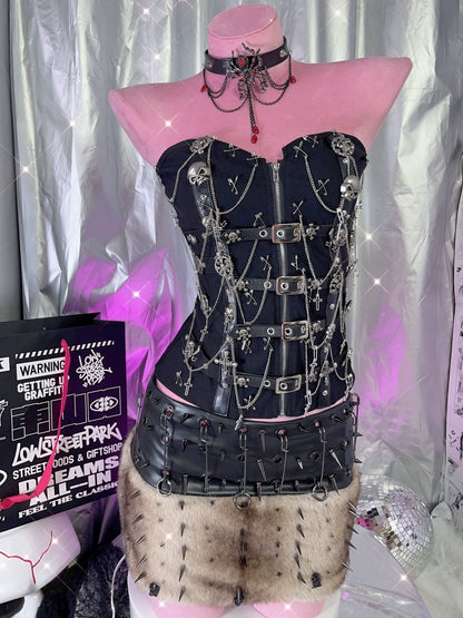 Y2K Punk Gothic Slim Fit Leather Buckle Skull Cross Chain Tube Top