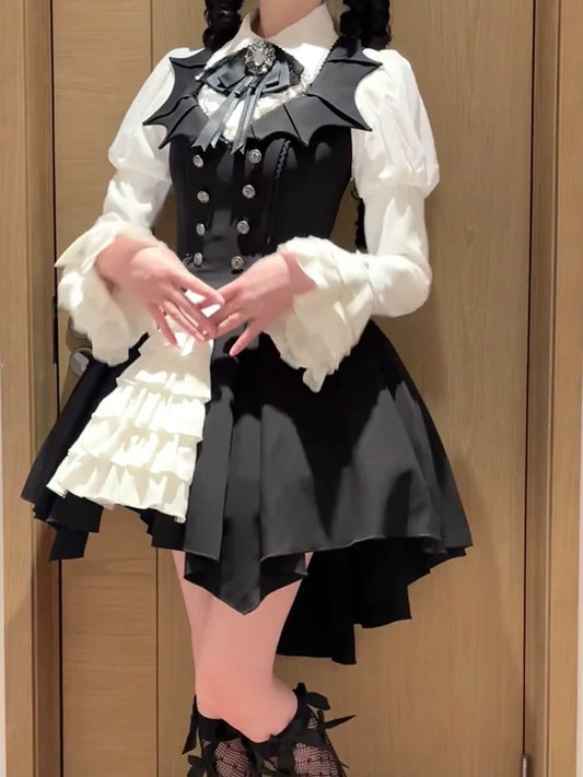 Black Gothic bat Lolita JSK and white hime-sleeve blouse, front view