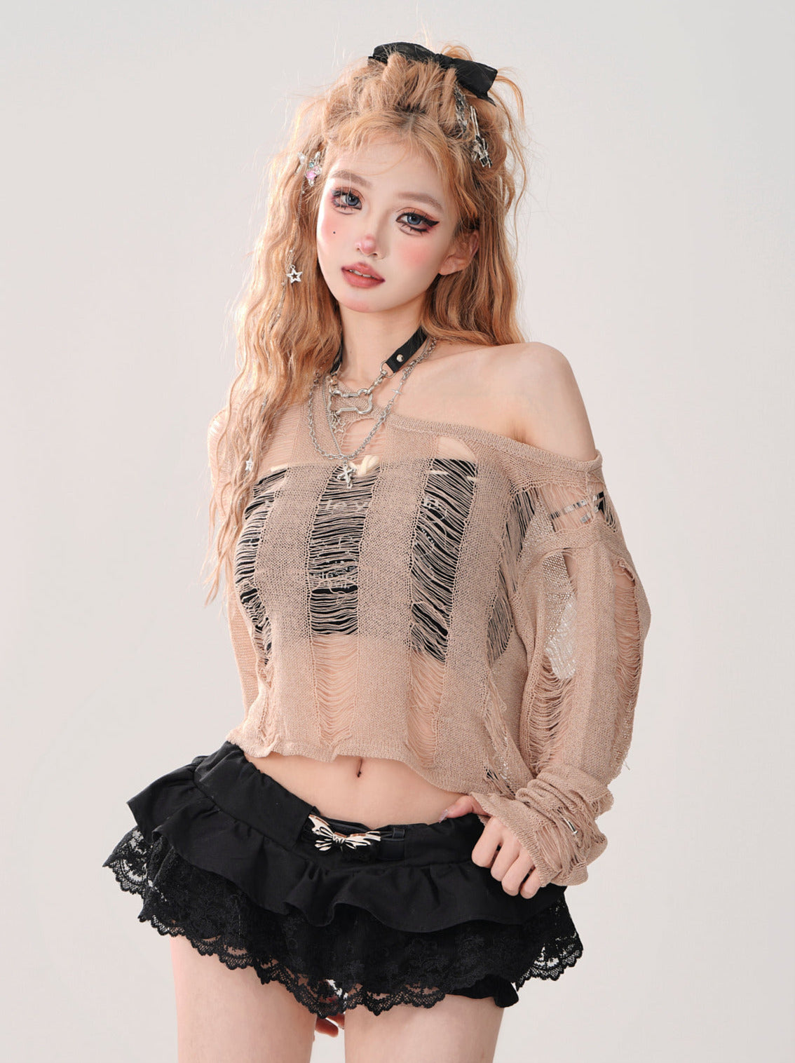 Kurzes Top zerrissen + gestrickt Off-Shoulder Schnürtop Rückenschlauch