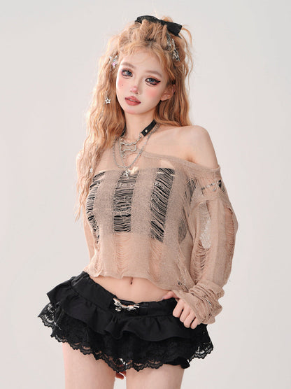 Kurzes Top zerrissen + gestrickt Off-Shoulder Schnürtop Rückenschlauch