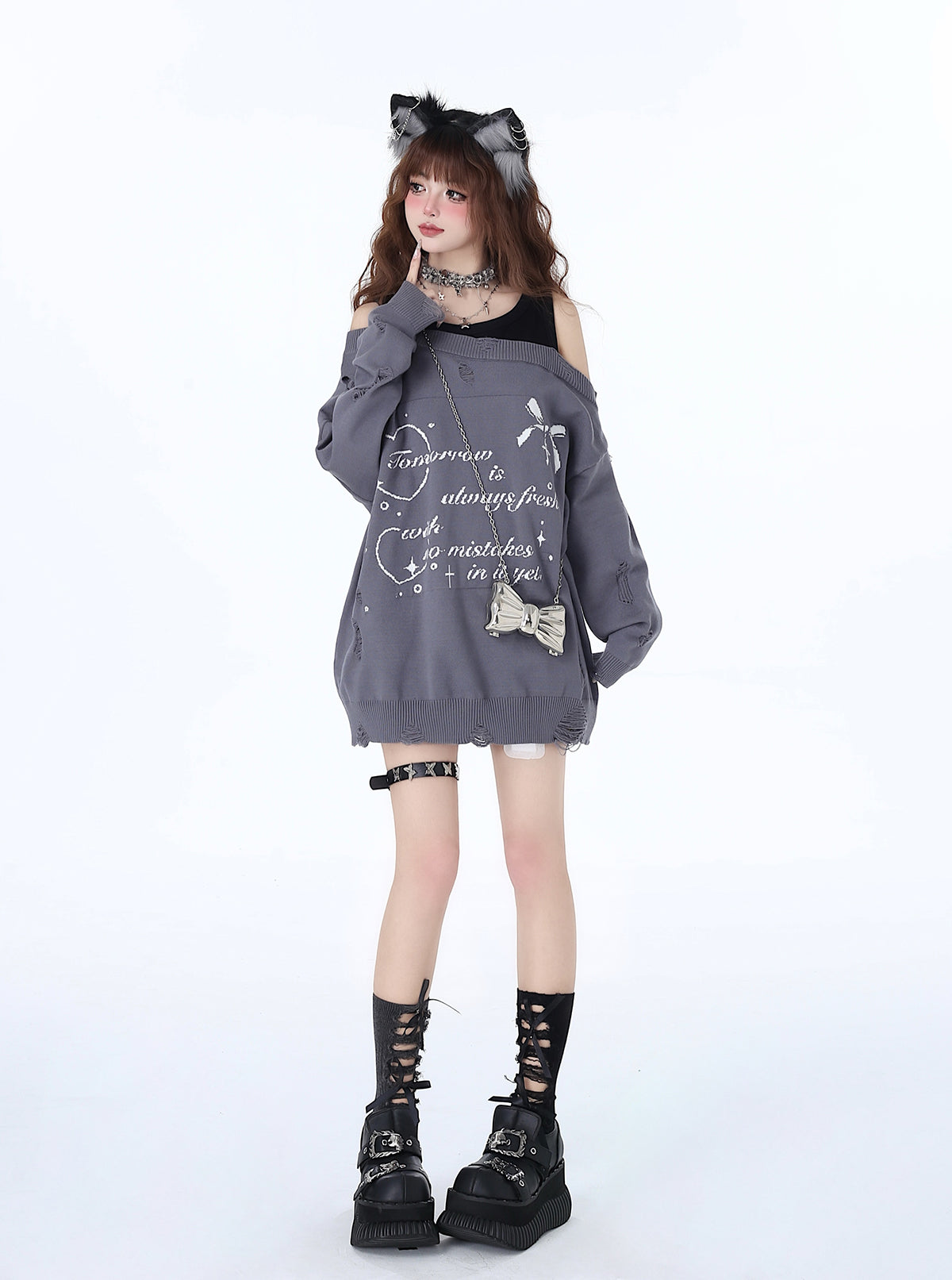 Mädchenhaftes Off-Shoulder Lazy Cool Sweet Zweiteiliges Top Faux