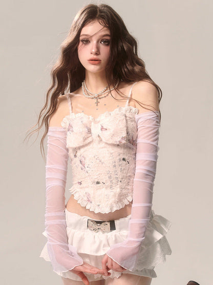 Transparentes Top Duftapplikation Schulterärmel Eine Blume Hosenträger