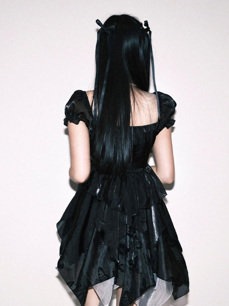 ノースリーブボウブラックパフリボンドレス