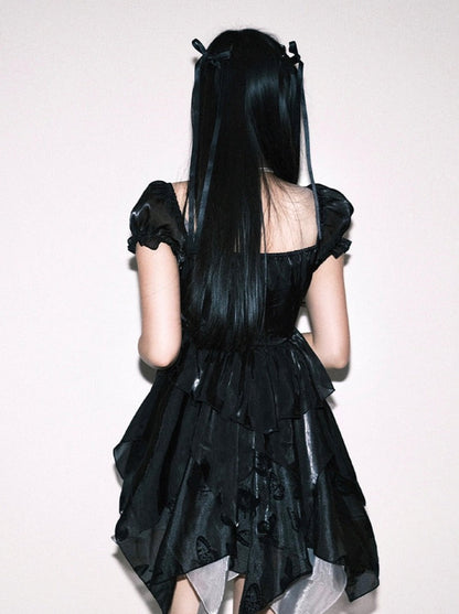 ノースリーブボウブラックパフリボンドレス