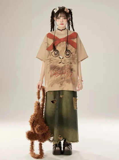 Oversized Painted Big Hand T-shirt Cat