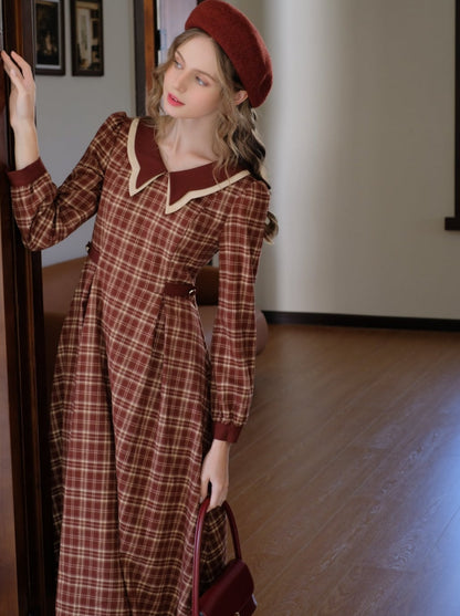 チェックドレス ラテ バタフライ レトロ ブラック ティーカラー フレンチ