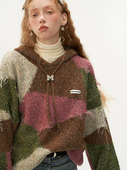 フード付きカラーレトロブロックニット