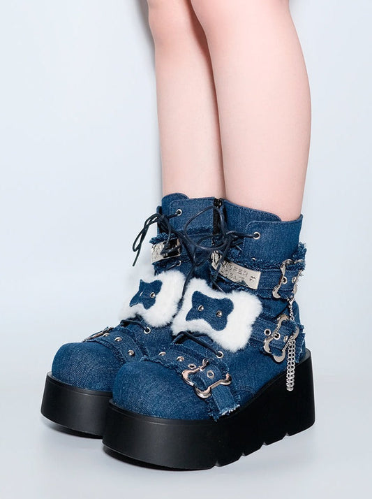 Bone Short Denim Toe Round Small Boots Platform