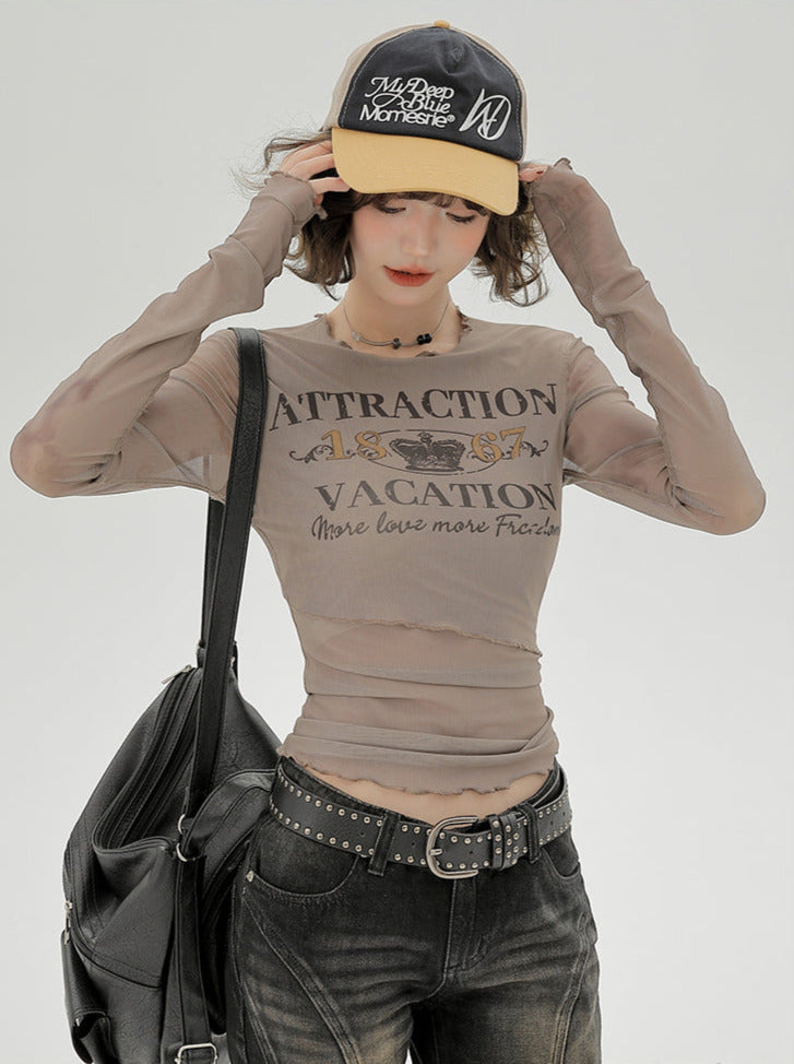 T Lang Retro Print Sheer Rüschen American