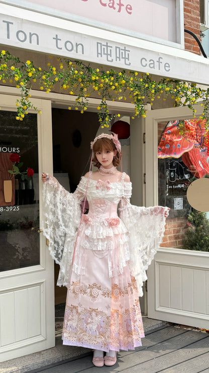 Molly Manor lace princess-sleeve blouse and pink skirt detail