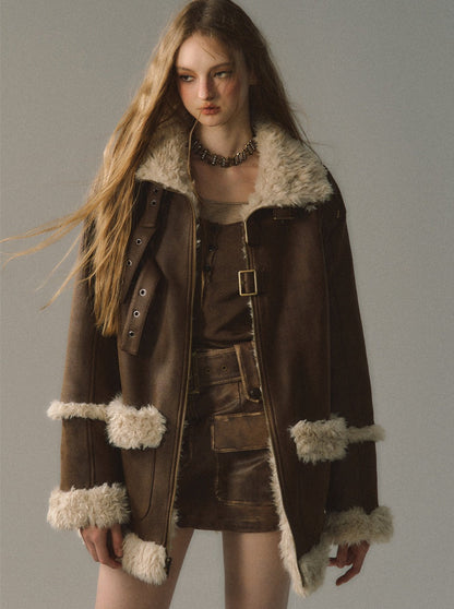 Reversible Fur Leather Coat + Ruffle Off-Shoulder Dress