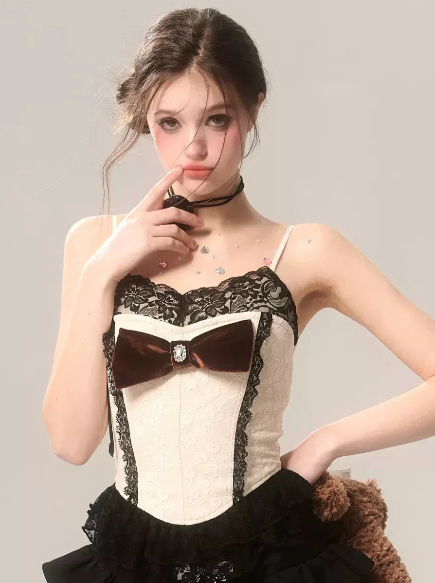 Lace Style Sleeveless French Outer Ribbon Top Camisole