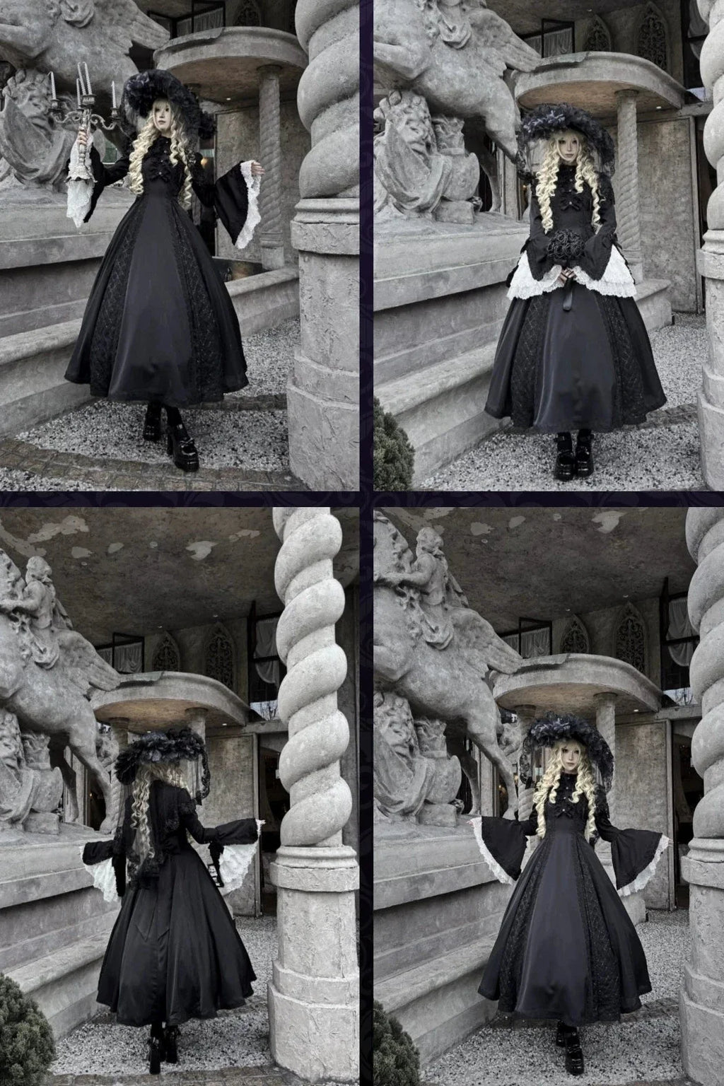 Gothic Black and White Widow Lace Princess Sleeve Faux Two-Piece Long Dress