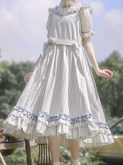 Shirt Handmade + Dress Puff Sheer Ruffled Sleeve Shoulder Corsage Inner Fairy Lace + Striped