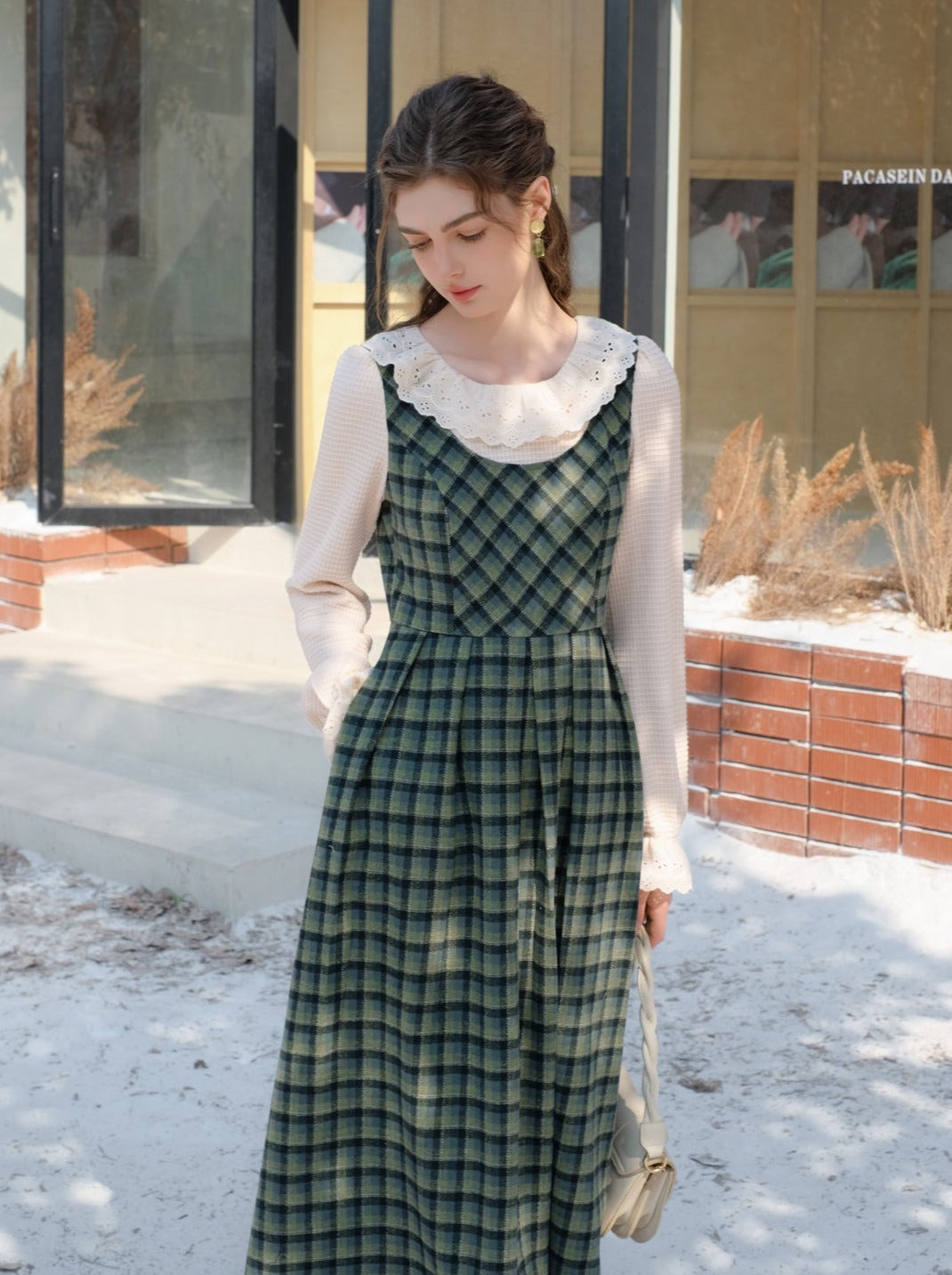 カラースカート レトロ サスペンダー グリーン チェック フリル ブラウス レース