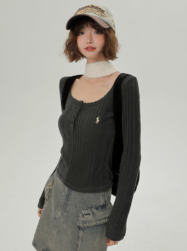 T-Stil, langer U-Ausschnitt, koreanisch