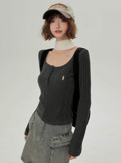 T-Stil, langer U-Ausschnitt, koreanisch