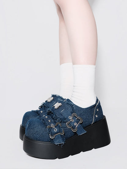 Toe Denim Shoes Puppy Platform Angel Punk Style Round