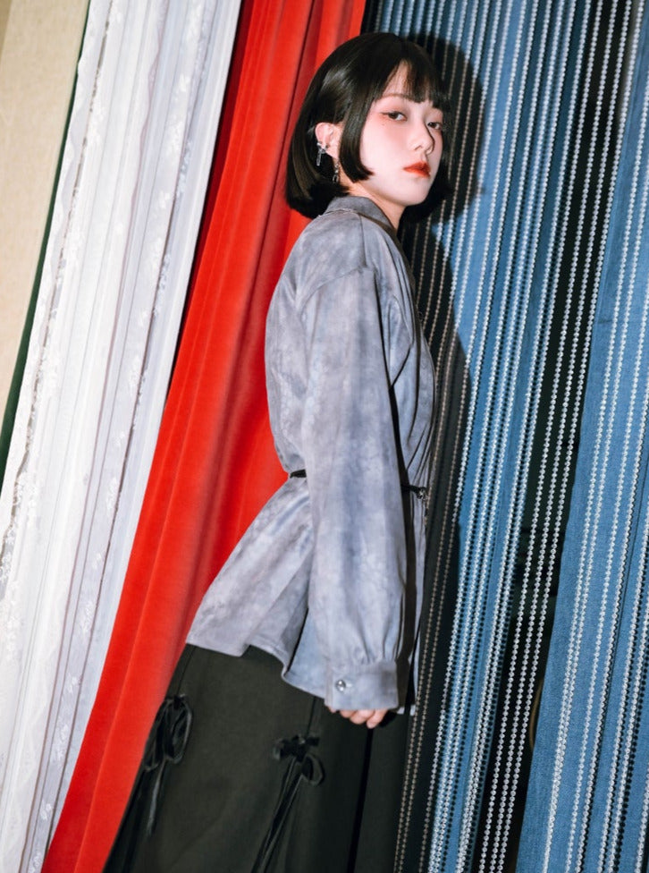 プリントスエードチャイナドラゴンシャツレトロ