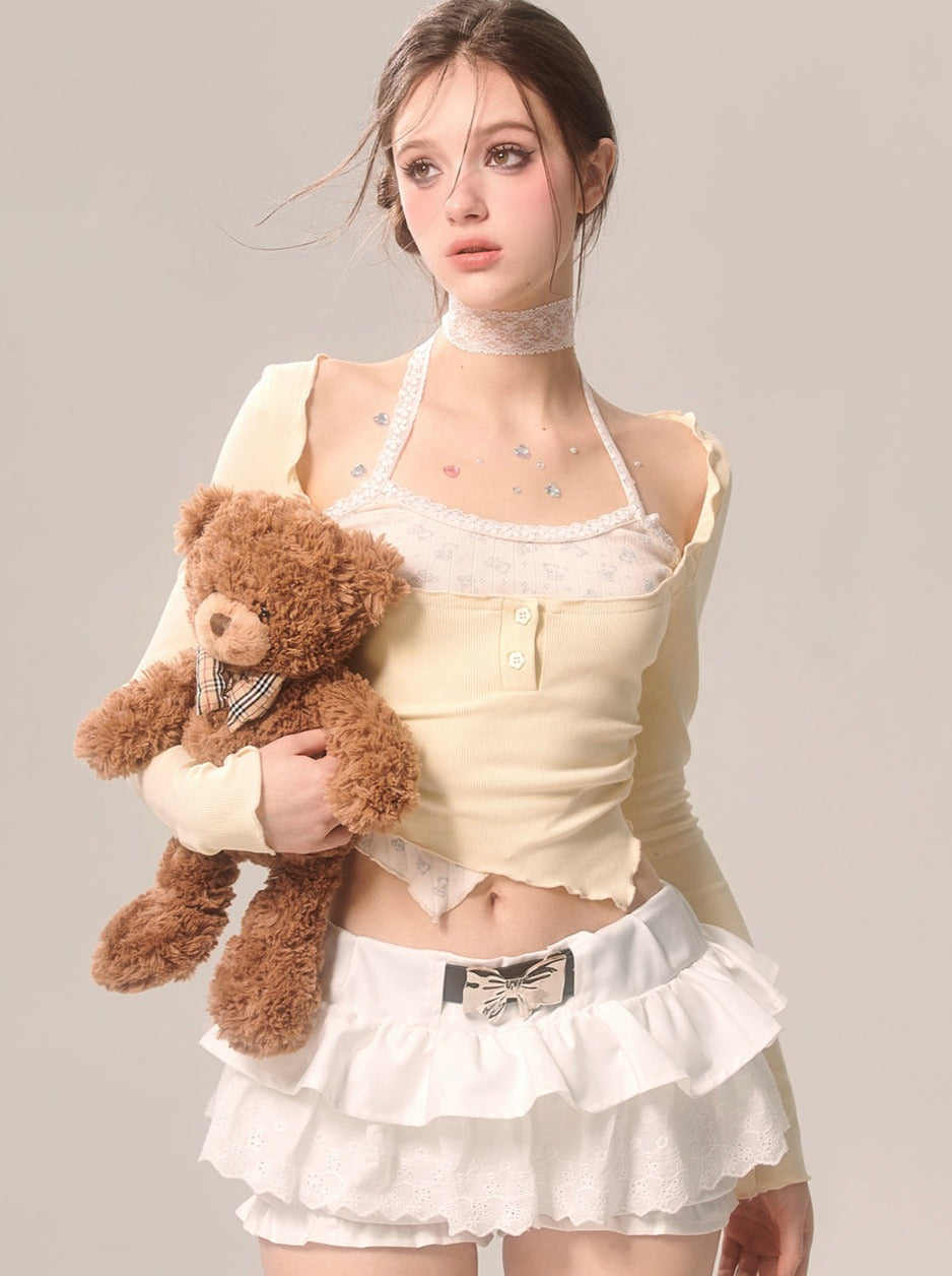 ミルキーフェイクピースクリームアイホルターツートップネックイエロー