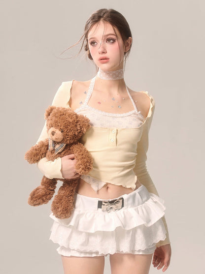 パールリボンスカート ホワイトフレンチパンツ レースフレア ホワイトアイ