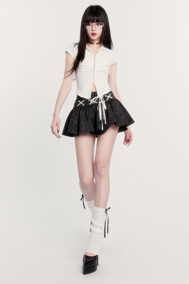 ウエストレースシャツスカートハイスリムフレアアップ+