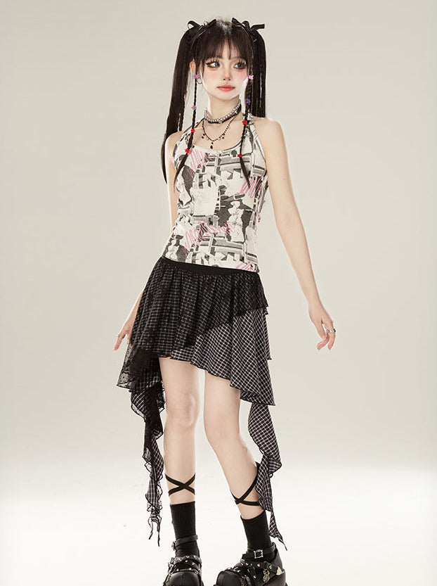 イレギュラーレースチェックスカート フリルメッシュ