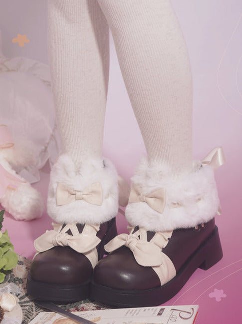 Boots Snow Mid Velvet Color Lolita Block Short Ribbon Heel Sweet