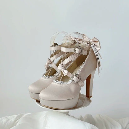 Holy Relic Cross Satin Champagne shoes with rear bows