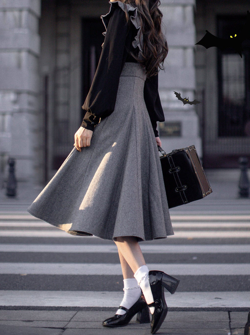 Sleeve Skirt Shoulder + Retro Suspender Black Ruffle Shirt Ribbon Elegant Volume