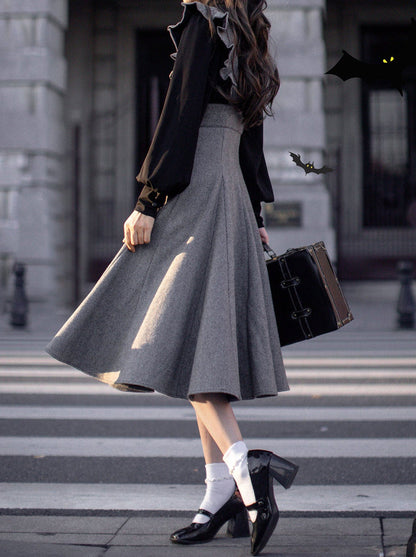 Sleeve Skirt Shoulder + Retro Suspender Black Ruffle Shirt Ribbon Elegant Volume