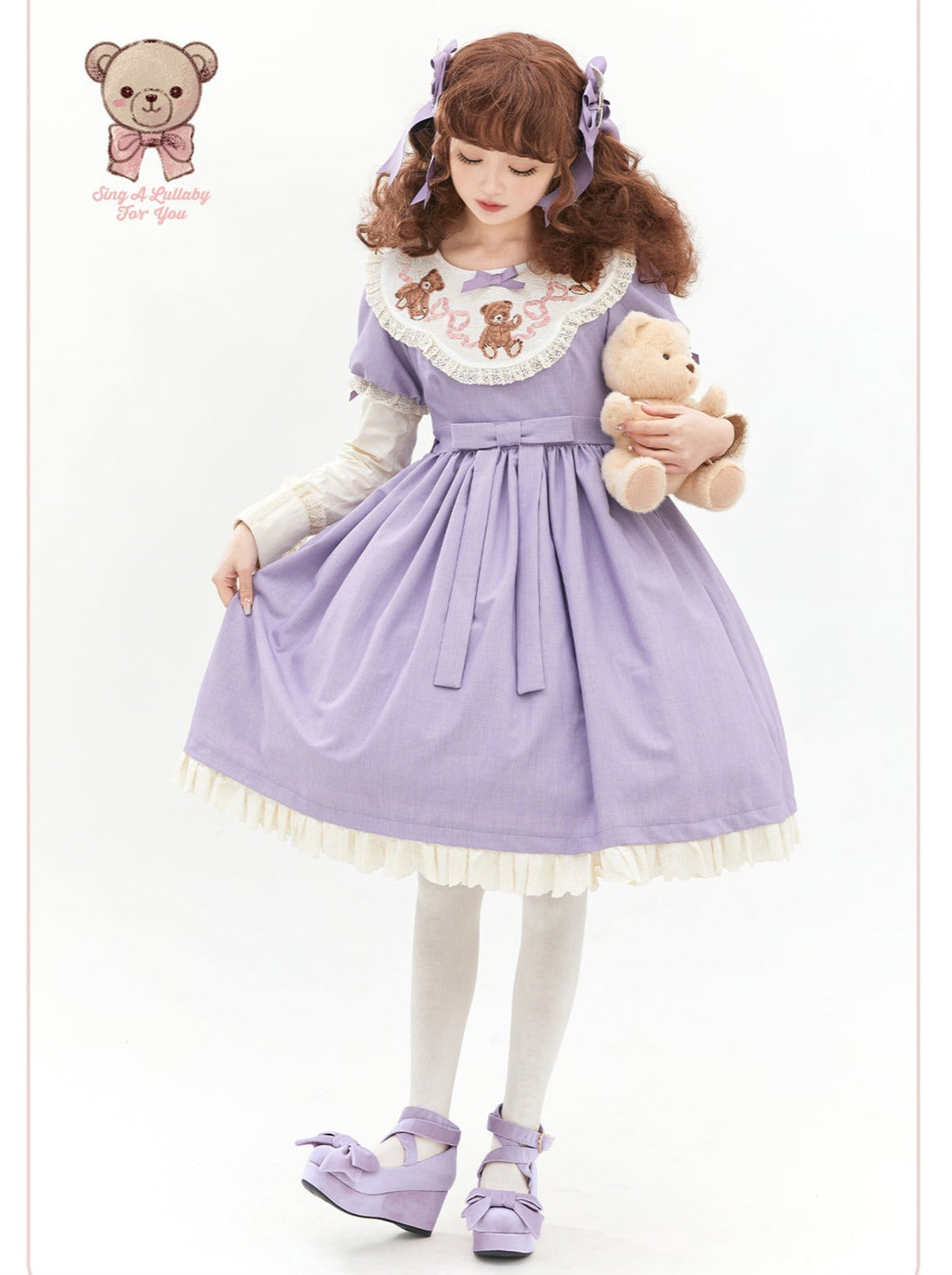 ロリータテディベアフラップレースパフスリーブリボンデレス