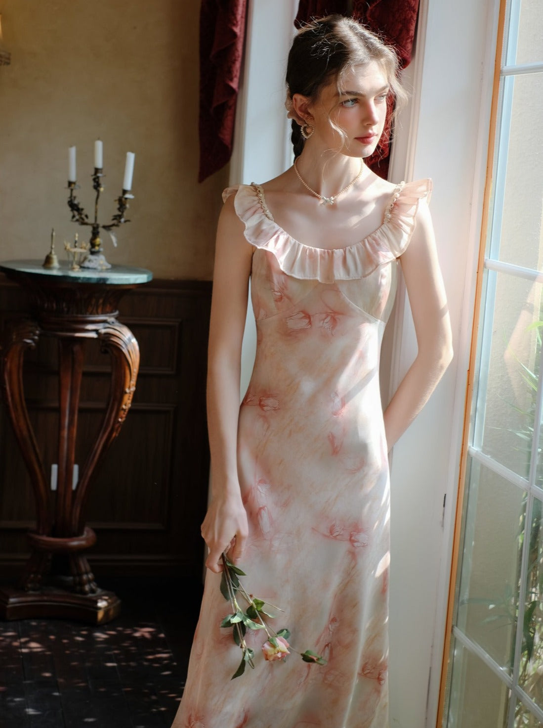 ロングサスペンダードレス フラワーブラウス カーディガン + シアー