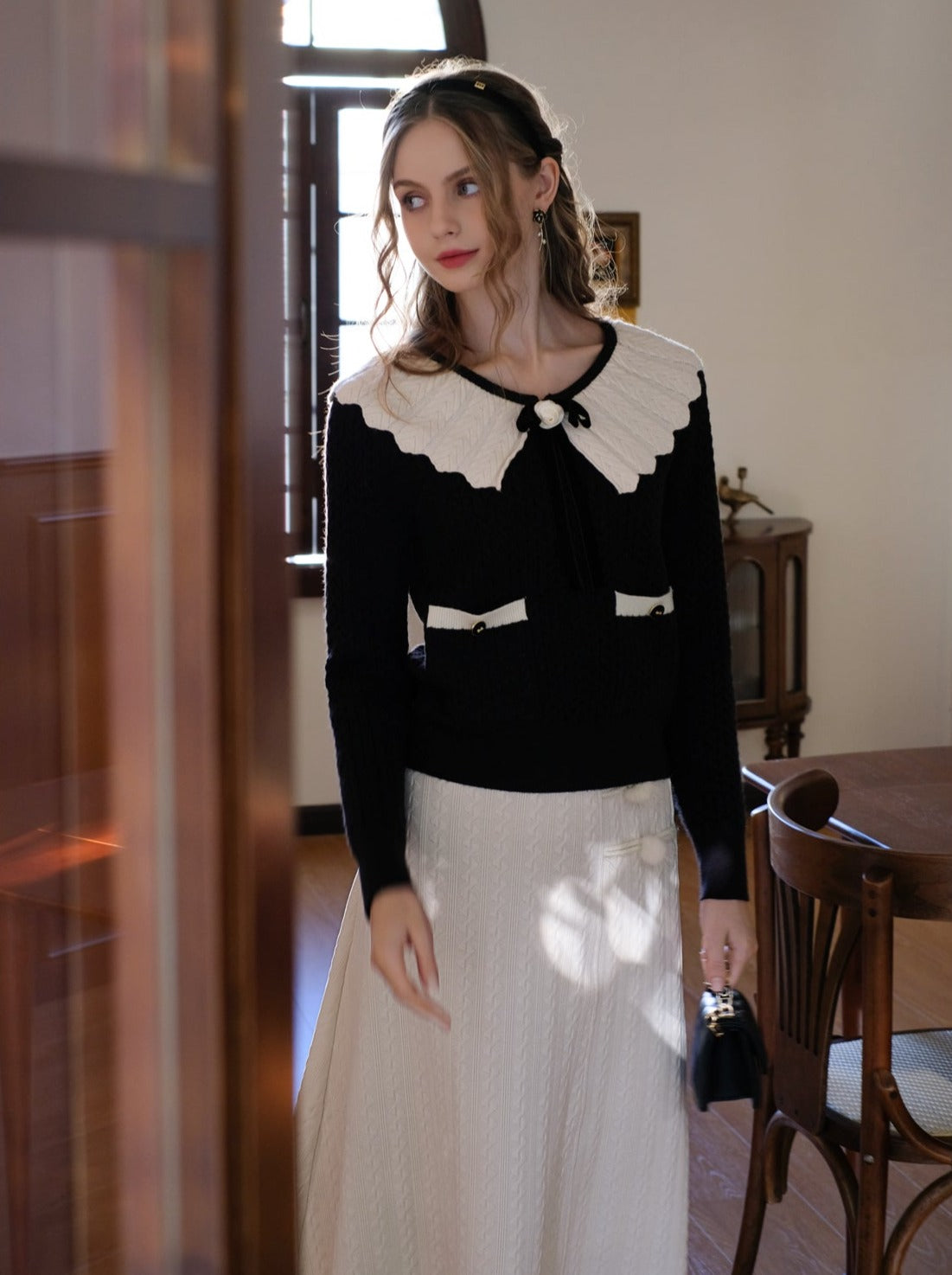 セーターブロックウェブリボンレトロラペルフレンチカラーカーディガン