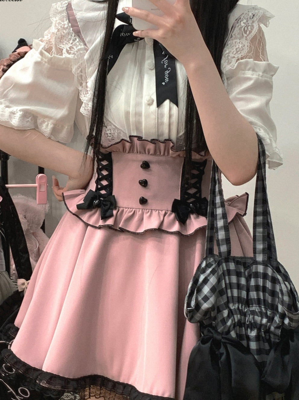 レースシアーショルダーケープマインリボンシャツ