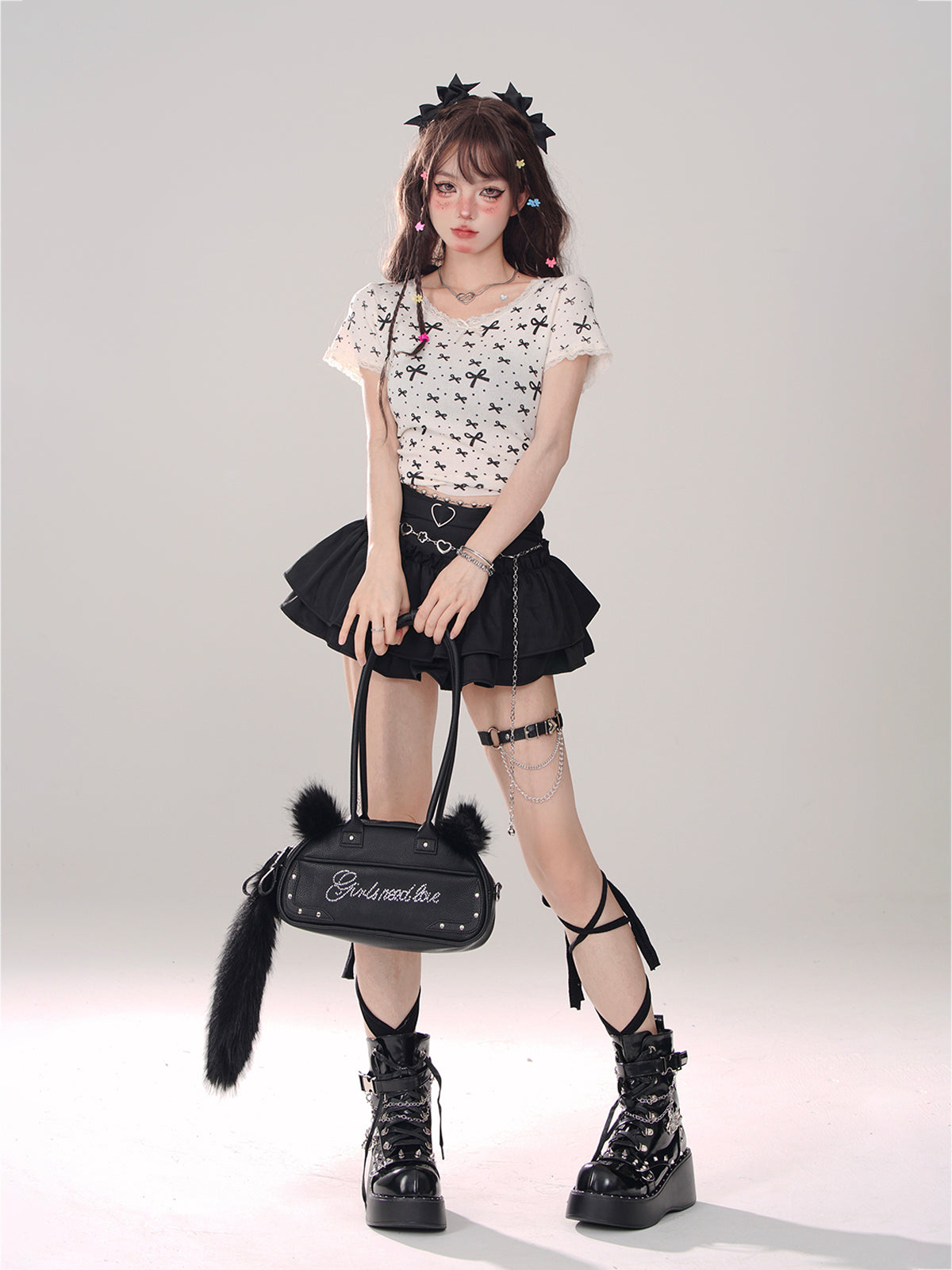 Lace Ribbon T-Shirt Girly Slim